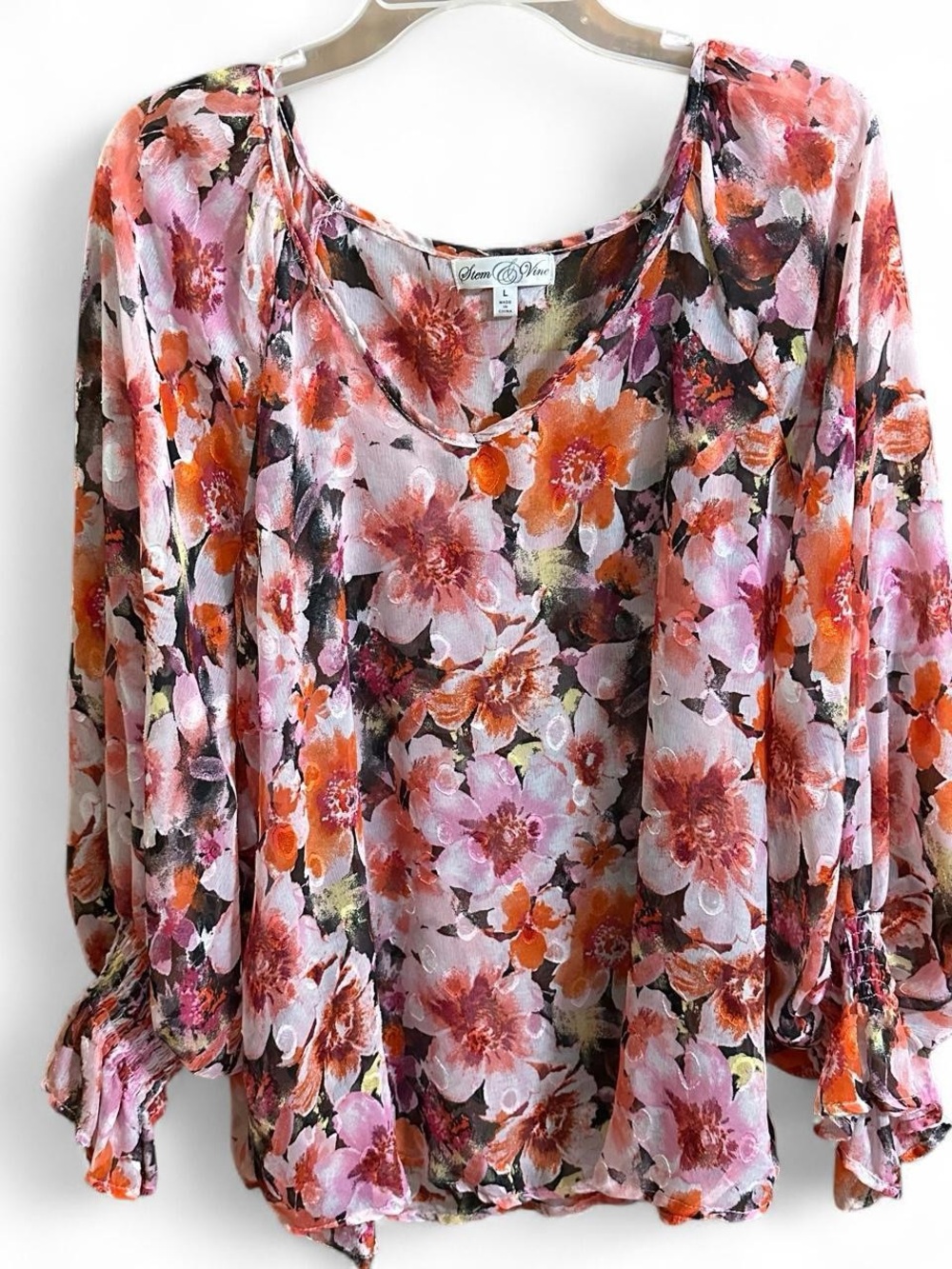 Fairycore Floral Sheer Long-Sleeve Blouse - Pink & Orange sheer size Large